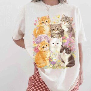 Retro Kitten Shirt, Vintage Floral Cat Tee Cottagecore Cat Lover Gift
